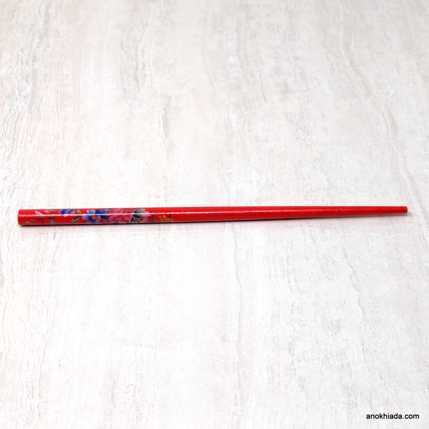 Flower Print Red Wooden Juda Stick/Bun Stick - (99-06F Juda Stick)