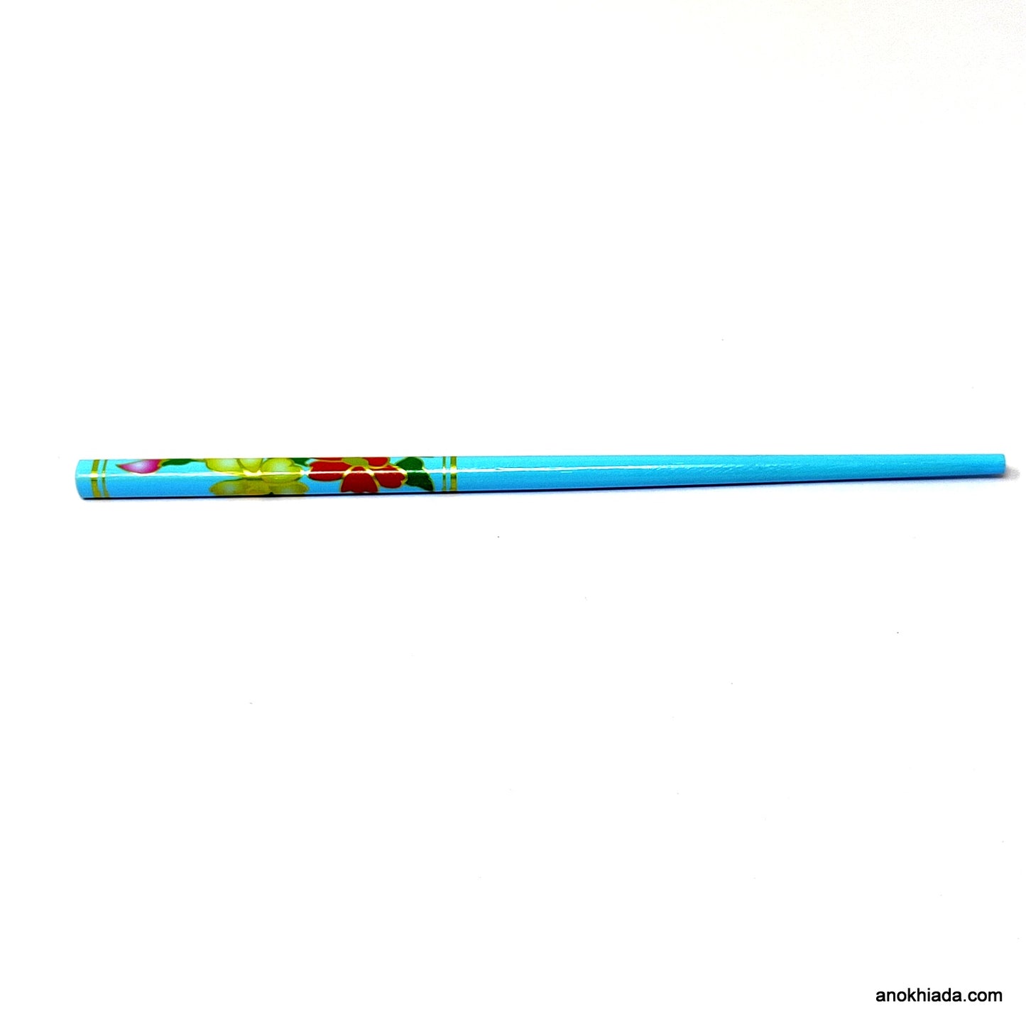 Anokhi Ada Flower Print Turquoise Blue Wooden Juda Stick/Bun Stick - (99-07C Juda Stick)