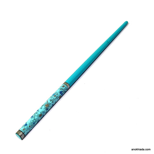 Anokhi Ada Flower Print Turquoise Blue Wooden Juda Stick/Bun Stick - (99-08C Juda Stick)