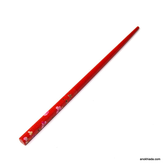 Anokhi Ada Flower Print Red Wooden Juda Stick/Bun Stick - (99-09A Juda Stick)