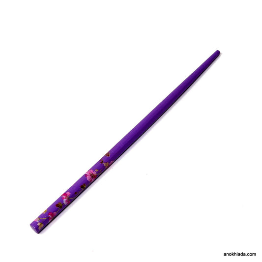 Anokhi Ada Flower Print Purple Wooden Juda Stick/Bun Stick - (99-09B Juda Stick)