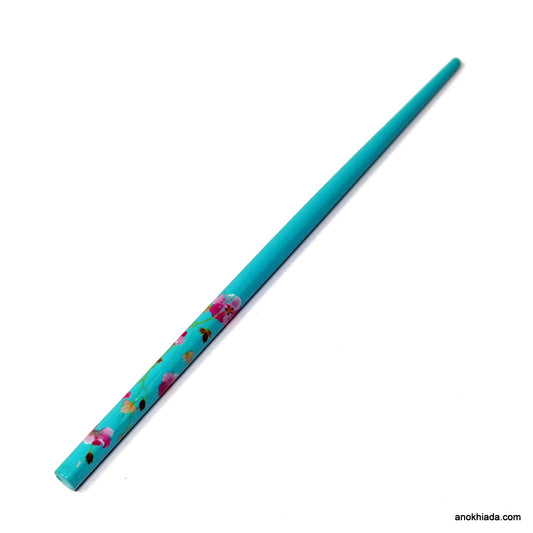 Anokhi Ada Flower Print Blue Wooden Juda Stick/Bun Stick - (99-09C Juda Stick)