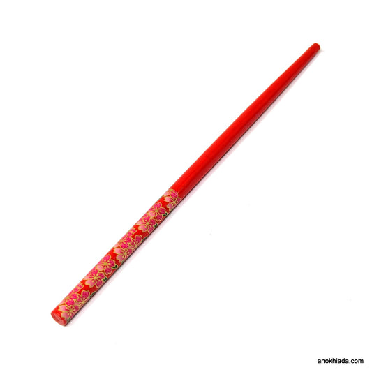 Anokhi Ada Flower Print Red Wooden Juda Stick/Bun Stick - (99-10A Juda Stick)