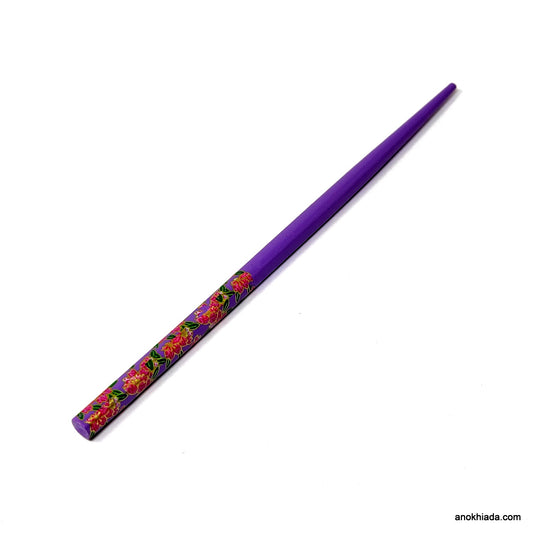 Anokhi Ada Flower Print Purple Wooden Juda Stick/Bun Stick - (99-10B Juda Stick)