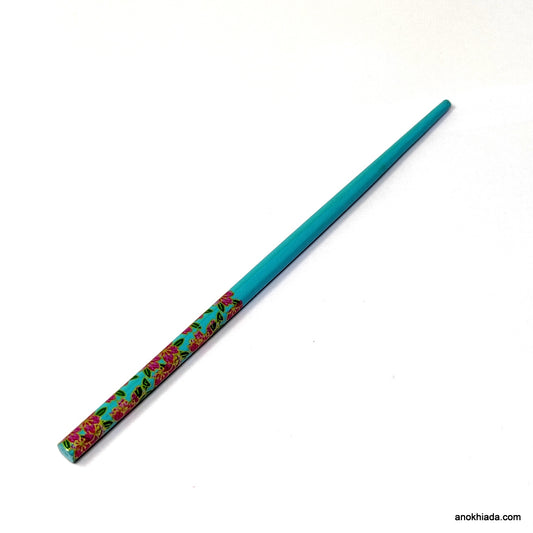 Anokhi Ada Flower Print Blue Wooden Juda Stick/Bun Stick - (99-10C Juda Stick)