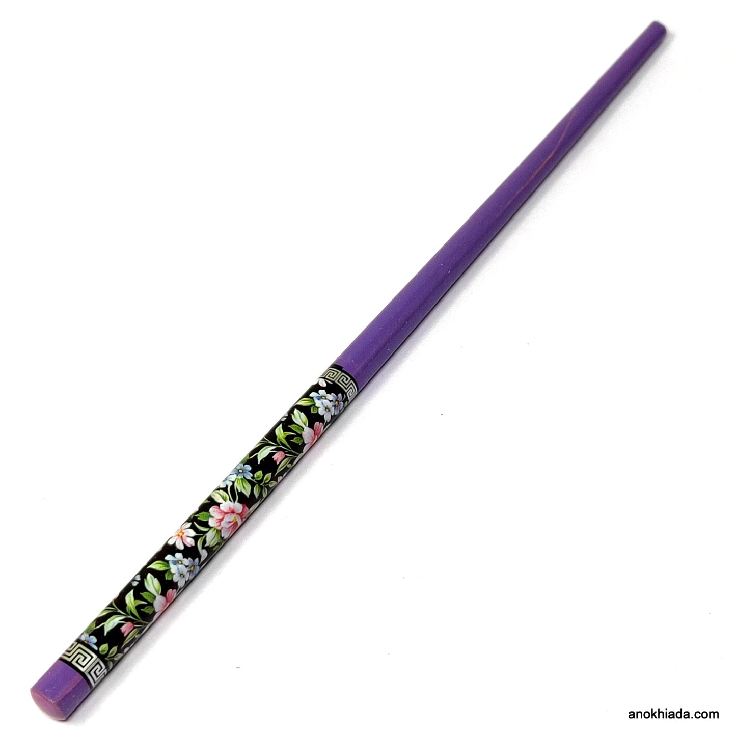 Anokhi Ada Flower Print Purple Wooden Juda Stick/Bun Stick - (99-11B Juda Stick)