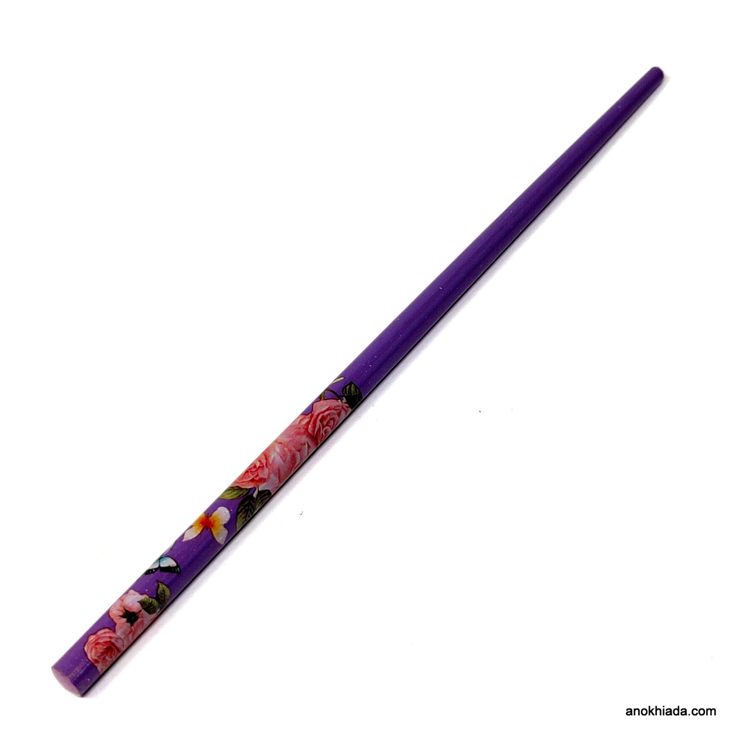Anokhi Ada Flower Print Purple Wooden Juda Stick/Bun Stick - (99-12B Juda Stick)