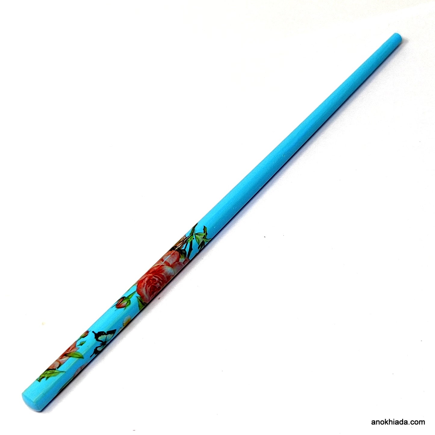 Anokhi Ada Flower Print Blue Wooden Juda Stick/Bun Stick - (99-12C Juda Stick)