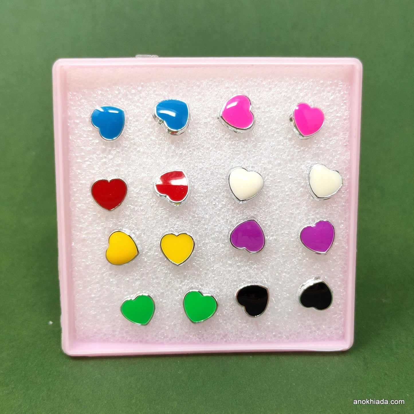 Anokhi Ada Heart Shaped Plastic Stud Earrings for Girls and Women (Multi-Colour, Pack of 8 Pairs)-AR-08-a