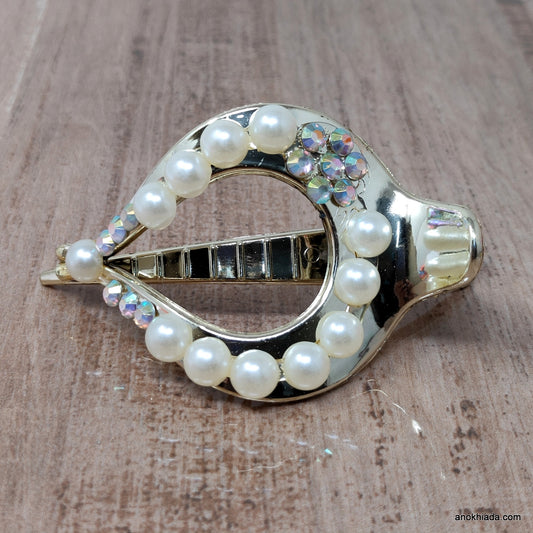 Golden Pointed Pearl Fancy Plastic Hair Clutcher / Hair Claw for Girls and Women (98-07 Clutcher)