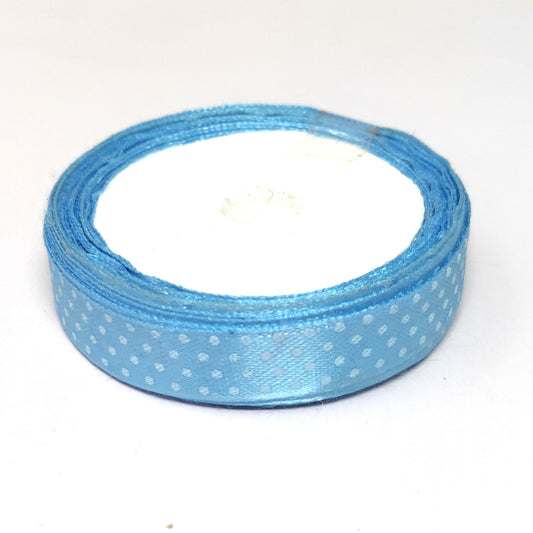 12.5 mm (Half Inch) Dot Print Sky Blue Satin Ribbon (023)
