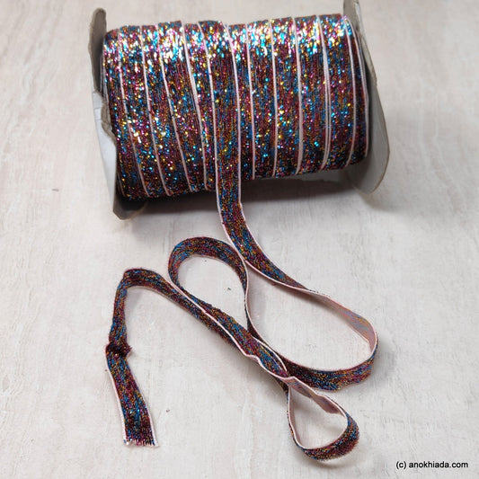Anokhi Ada 10mm (3/8 inch) Multi-Colour One Side Velvet Glittery Ribbon and Lace (5 Meter, 052)