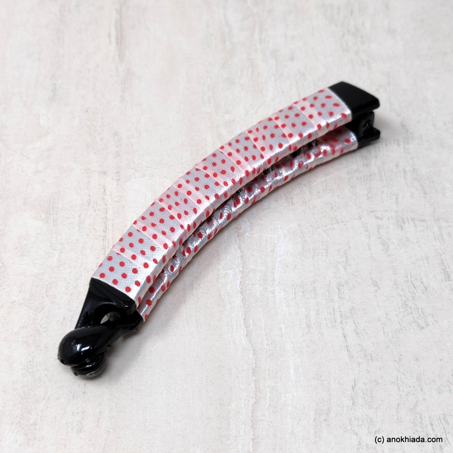 Anokhi Ada Handmade Dot Print Ribbon Wrap on Banana Hair Clip for Girls and Women (White)-ZI-30